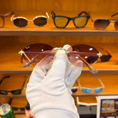 Ray Ban oval pink shade golden frame-less Premium Sunglass