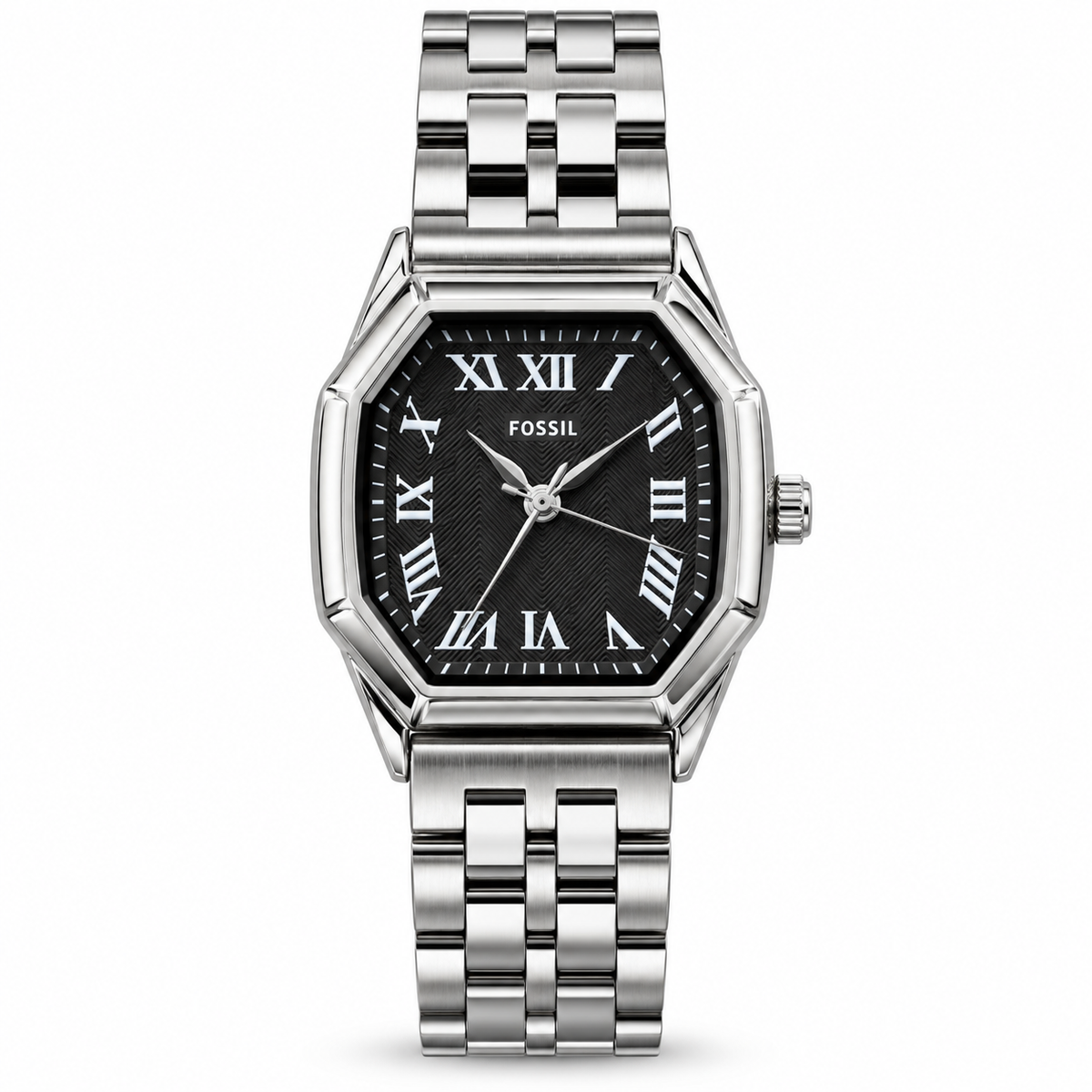 Fossil Harlow Analog Watch – Black Textured Roman Numeral Dial, Silver-Tone Octagonal Case & Stainless Steel Bracelet