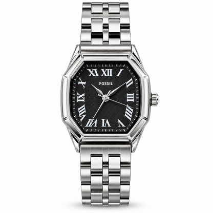 Fossil Harlow Analog Watch – Black Textured Roman Numeral Dial, Silver-Tone Octagonal Case & Stainless Steel Bracelet