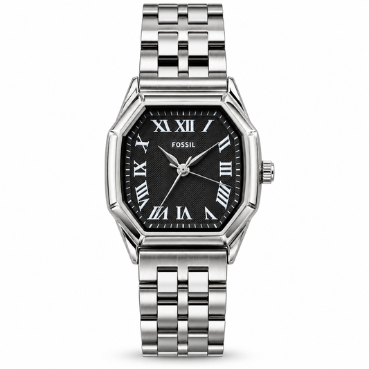Fossil Harlow Analog Watch – Black Textured Roman Numeral Dial, Silver-Tone Octagonal Case & Stainless Steel Bracelet