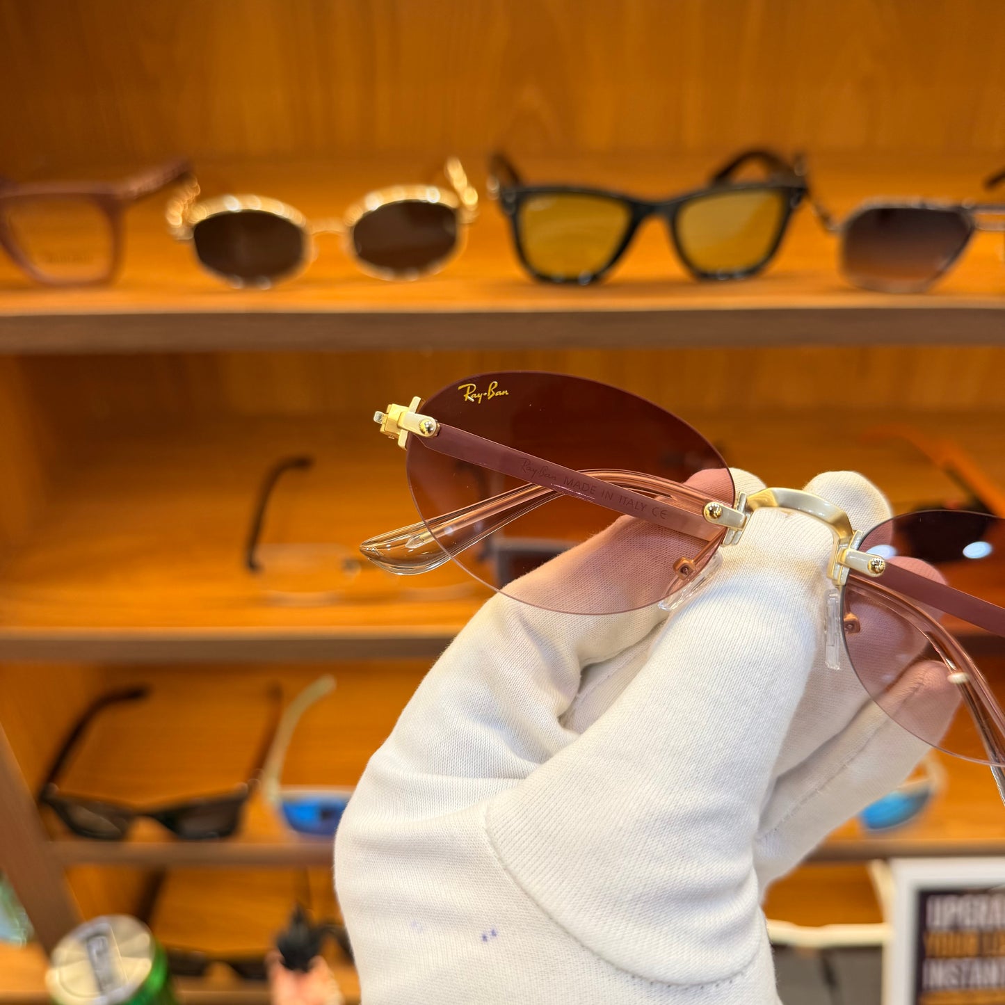 Ray Ban oval pink shade golden frame-less Premium Sunglass