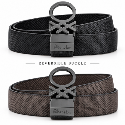 Premium Reversible Benetton-Buckle Textured Belt – Black & Brown