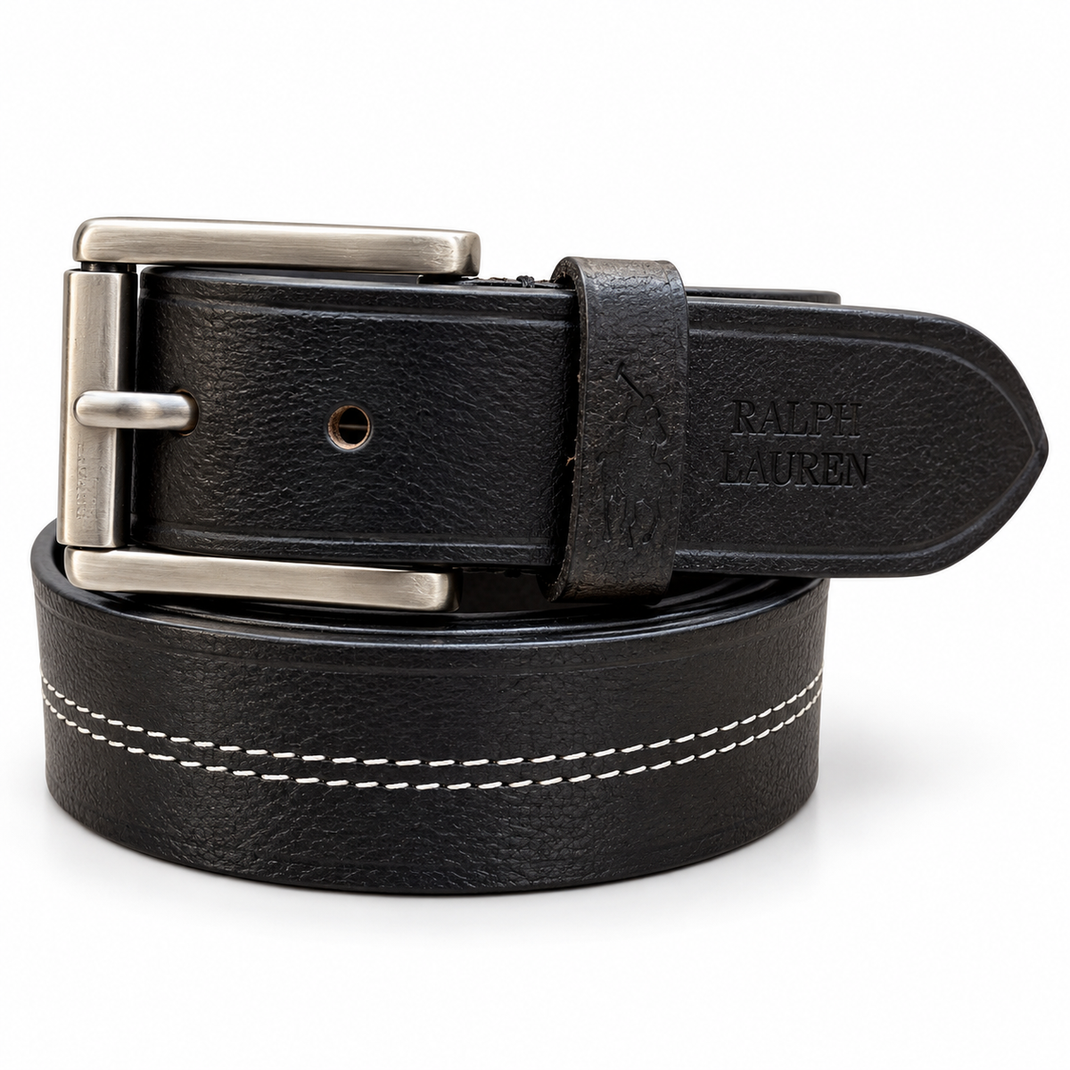Ralph Lauren Classic Black Leather Belt – Contrast Stitch (Heavy Buckle)
