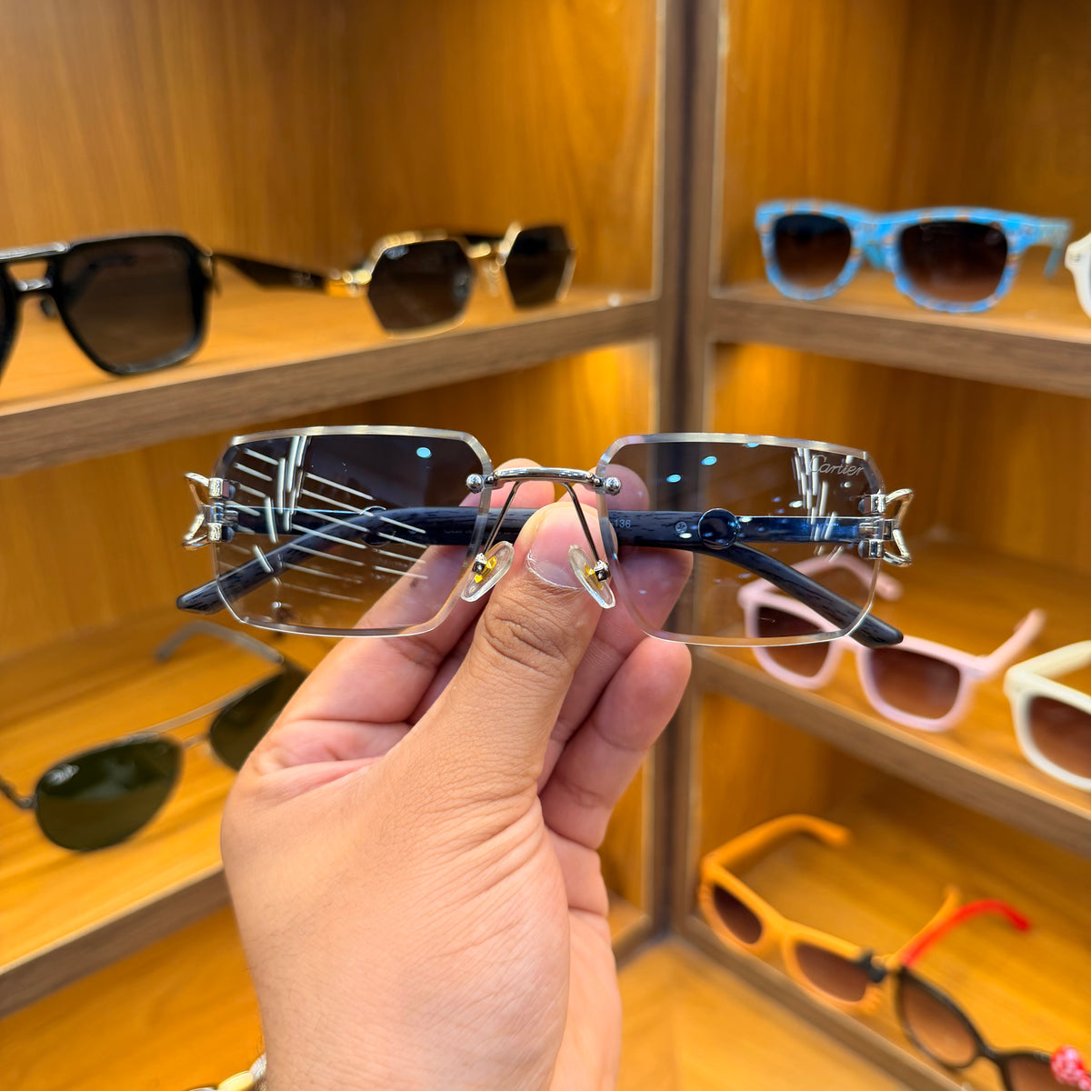 Cartier G616 Dual Shade Frameless Wooden Strap Premium Sunglasses