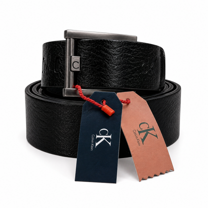 Calvin Klein Classic Textured Black Leather Rectangular Buckle Belt