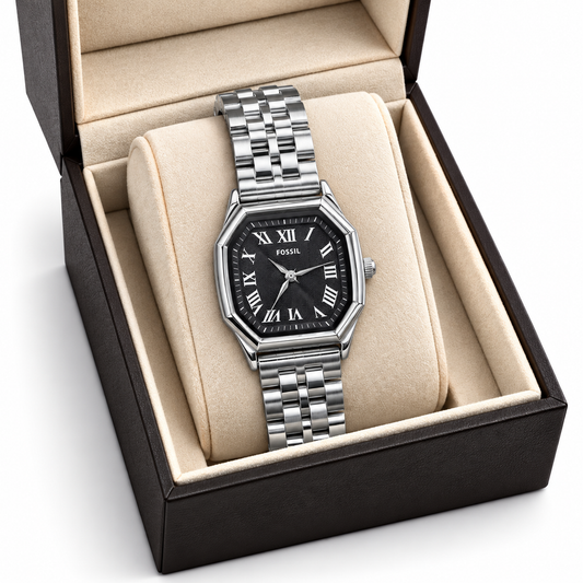 Fossil Harlow Analog Watch – Black Textured Roman Numeral Dial, Silver-Tone Octagonal Case & Stainless Steel Bracelet