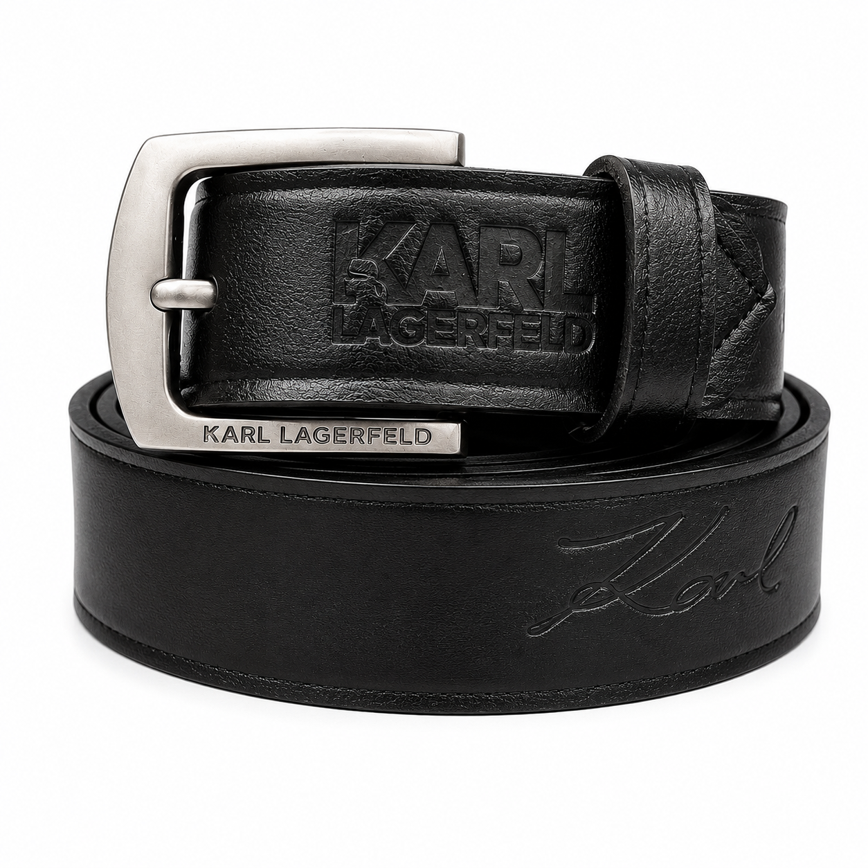 Karl Lagerfeld Black Signature Leather Belt with Classic Buckle