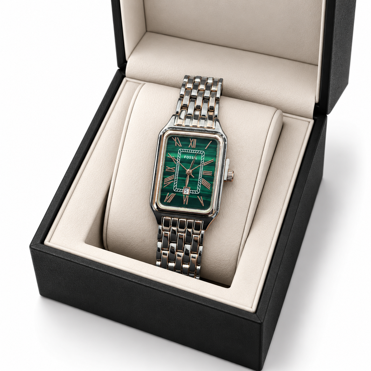 Fossil Emerald Green Two-Tone Rectangular Watch