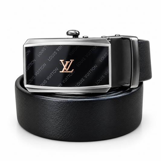 Louis Vuitton-Inspired Black Automatic Belt – Rose Gold Monogram Buckle