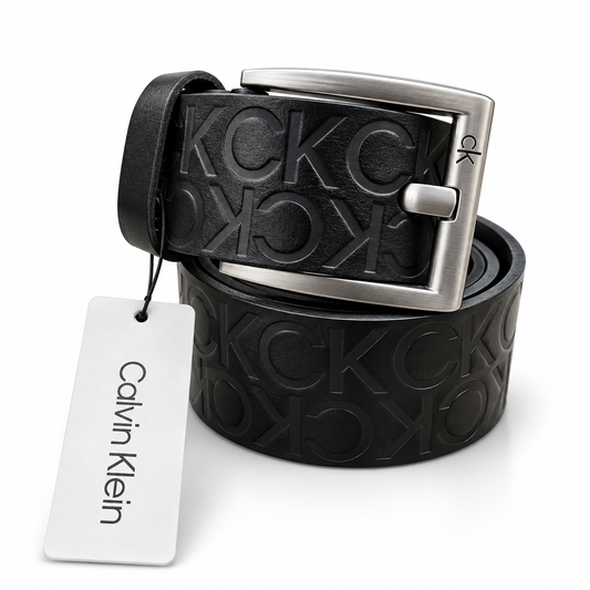 CK Premium Embossed Monogram Leather Belt – Classic Black
