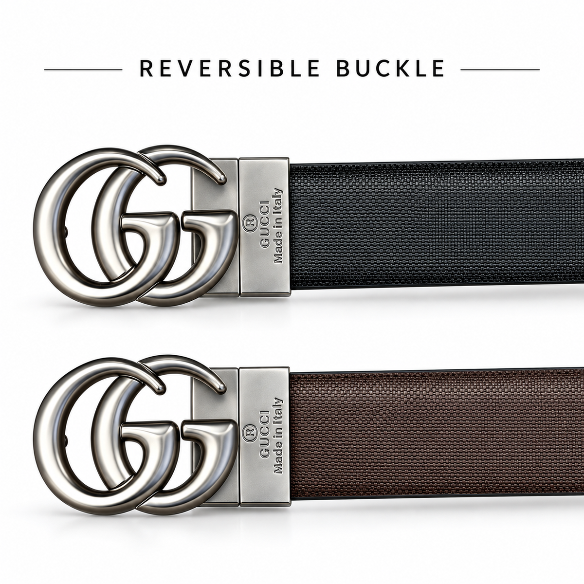Gucci GG Silver Buckle Reversible Black & Brown Textured Belt