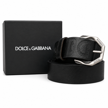 Dolce & Gabbana Black Classic Embossed Buckle Leather Belt