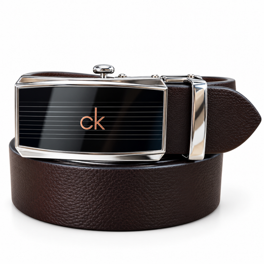 CK-Inspired Black Automatic Belt – Rose Gold Monogram Buckle