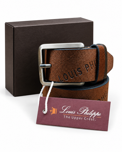 Louis Philippe Embossed Brown Leather Belt