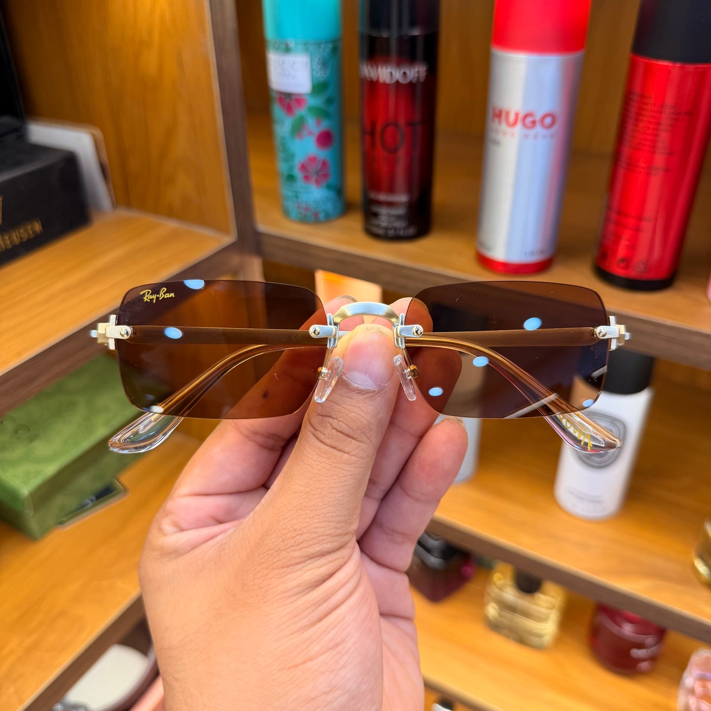 Ray Ban Rectangle Brown shade golden frame-less Premium Sunglass