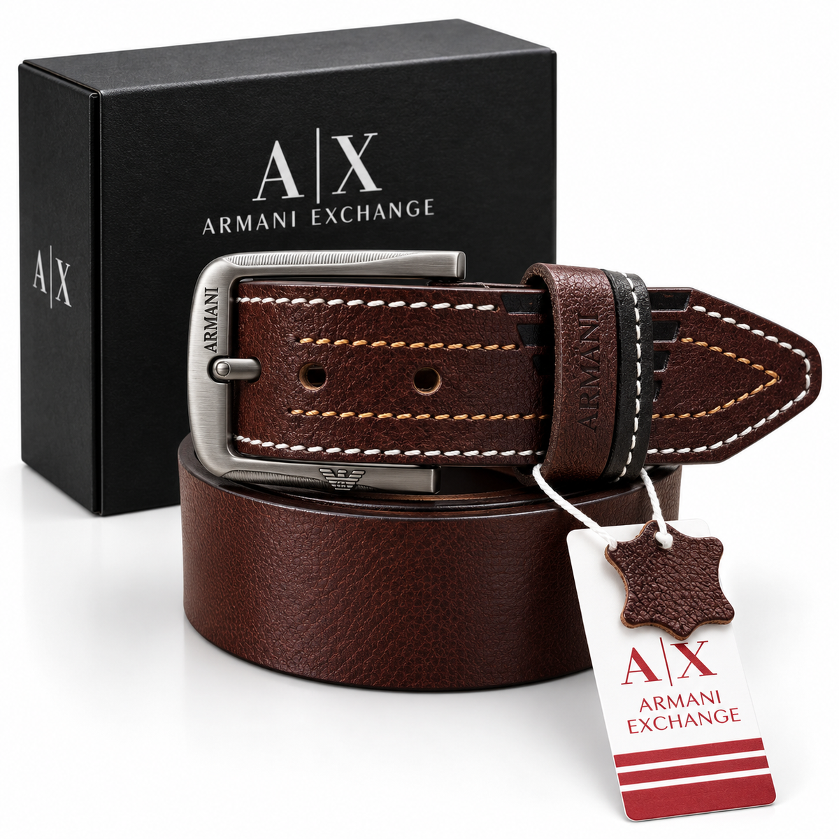 Armani Exchange Premium Heavy Buckle Textured Dark Brown Leather Belt