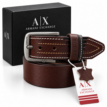 Armani Exchange Premium Heavy Buckle Textured Dark Brown Leather Belt