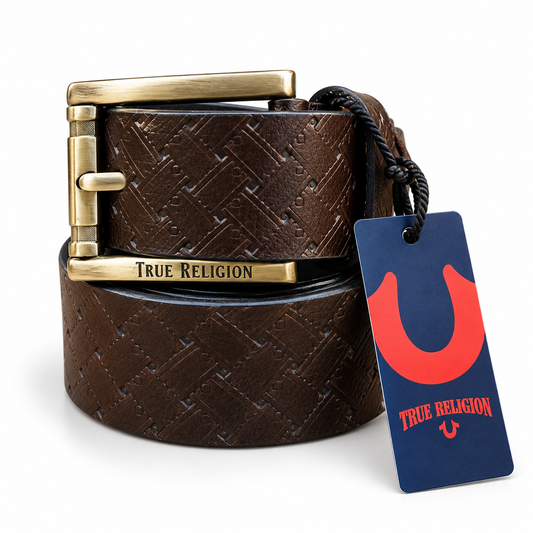 True Religion Premium Textured Leather Belt – Classic Brown with Gold Buckle