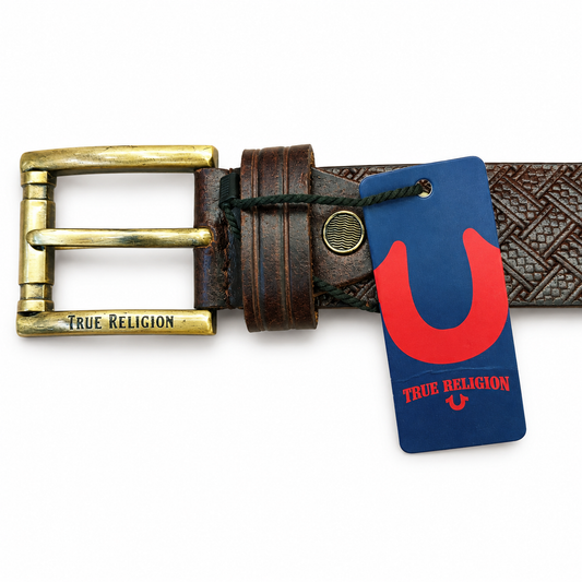 True Religion Premium Textured Leather Belt – Classic Brown with Gold Buckle