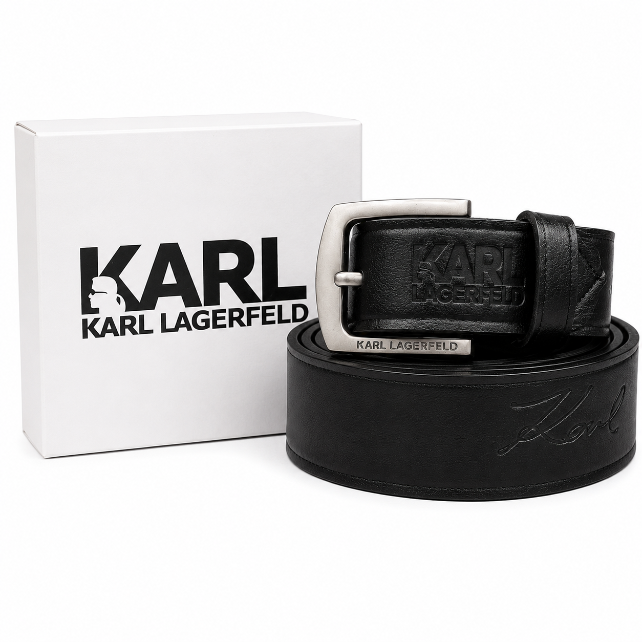 Karl Lagerfeld Black Signature Leather Belt with Classic Buckle