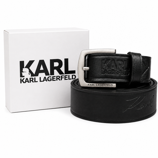 Karl Lagerfeld Black Signature Leather Belt with Classic Buckle