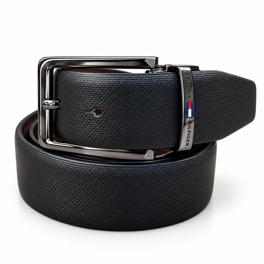 Tommy Hilfiger Metal Reversible Buckle Black And Brown Leather Premium Belt