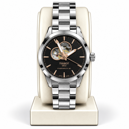 Tissot Silver Black Dial Powermatic 80 Open Heart