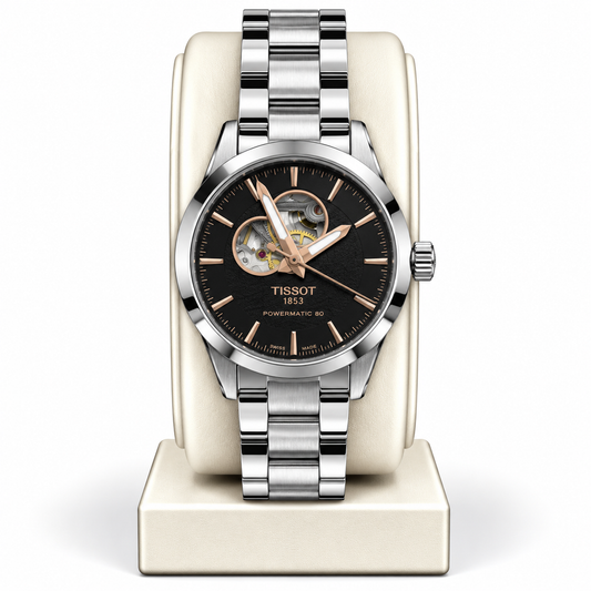 Tissot Silver Black Dial Powermatic 80 Open Heart