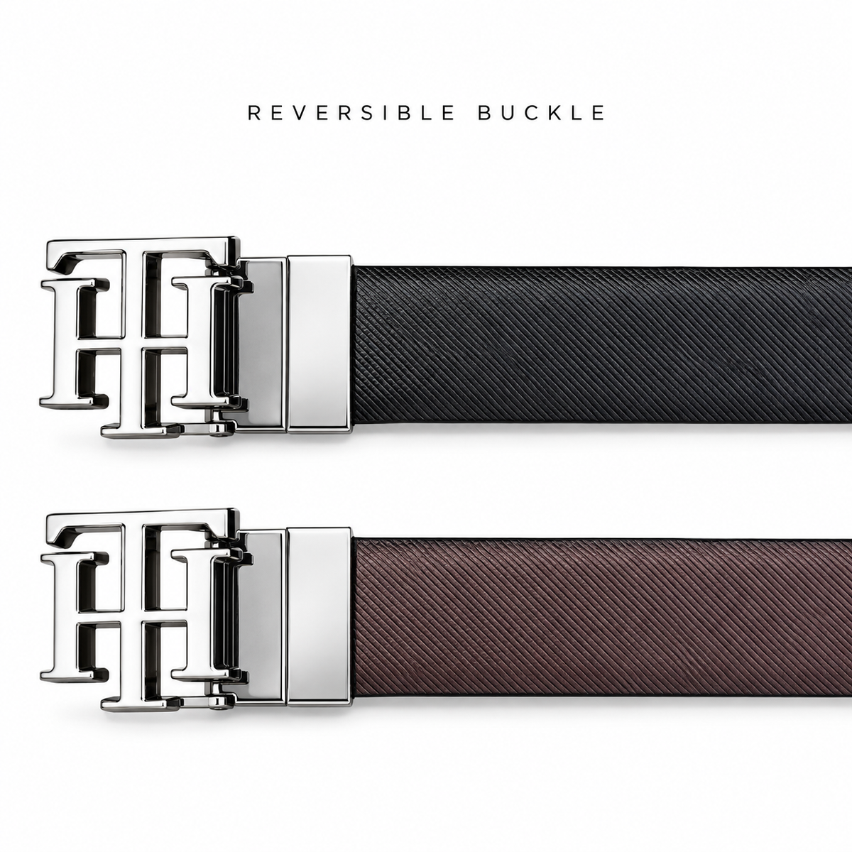 Tommy Hilfiger Premium Reversible TH-Buckle Textured Belt – Black & Burgundy