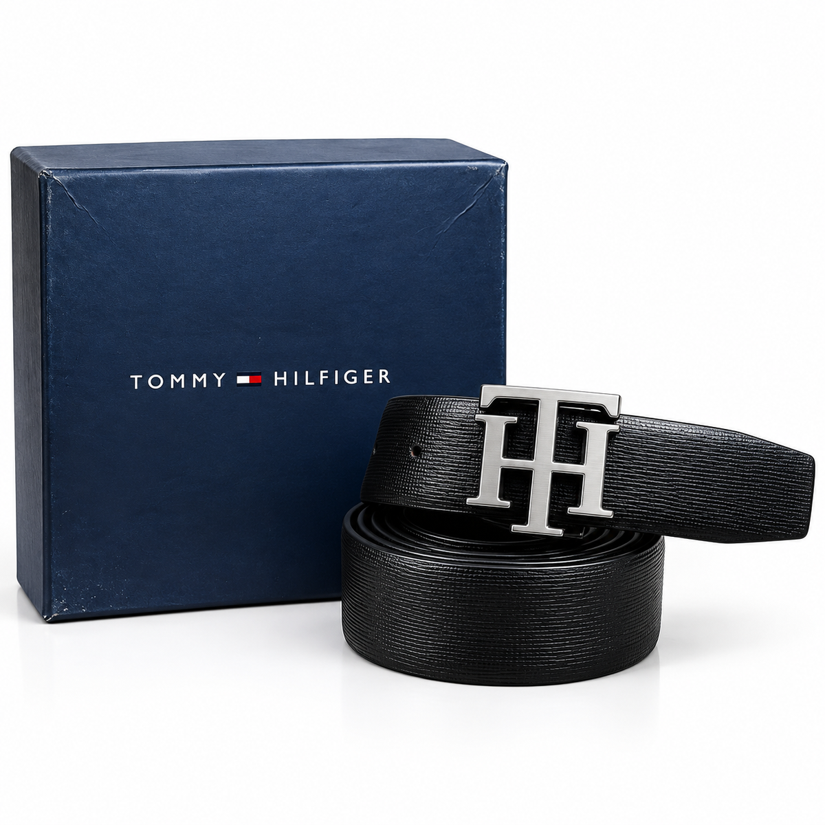 Tommy Hilfiger Premium Reversible TH-Buckle Textured Belt – Black & Burgundy