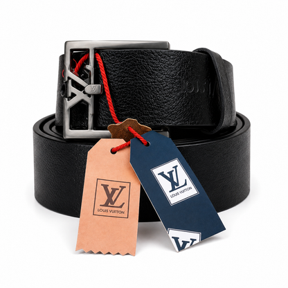 LV Classic Black Leather Grey Rectangle Buckle Belt