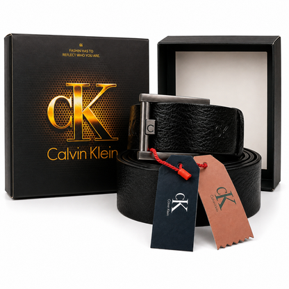 Calvin Klein Classic Textured Black Leather Rectangular Buckle Belt