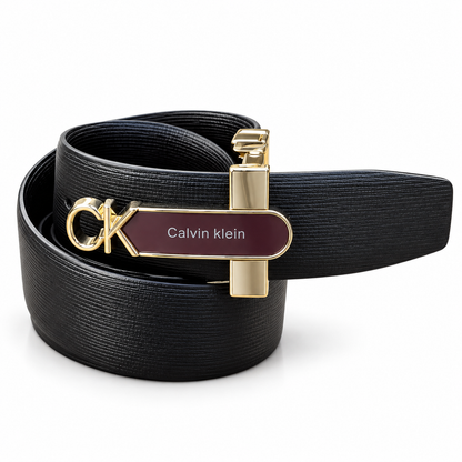 Calvin Klein CK Reversible Black Textured Belt – Burgundy & Gold Buckle