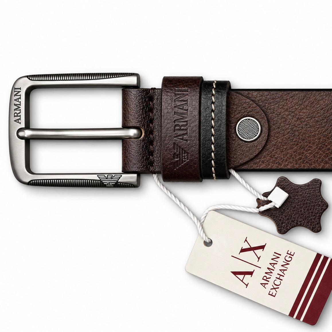 Armani Exchange Premium Heavy Buckle Textured Dark Brown Leather Belt