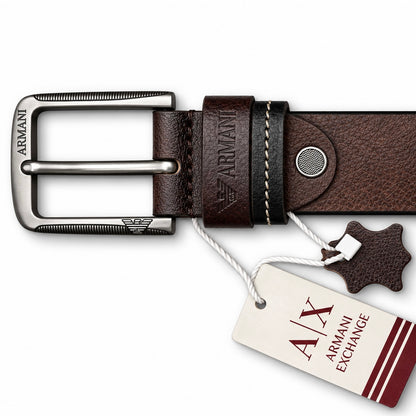 Armani Exchange Premium Heavy Buckle Textured Dark Brown Leather Belt