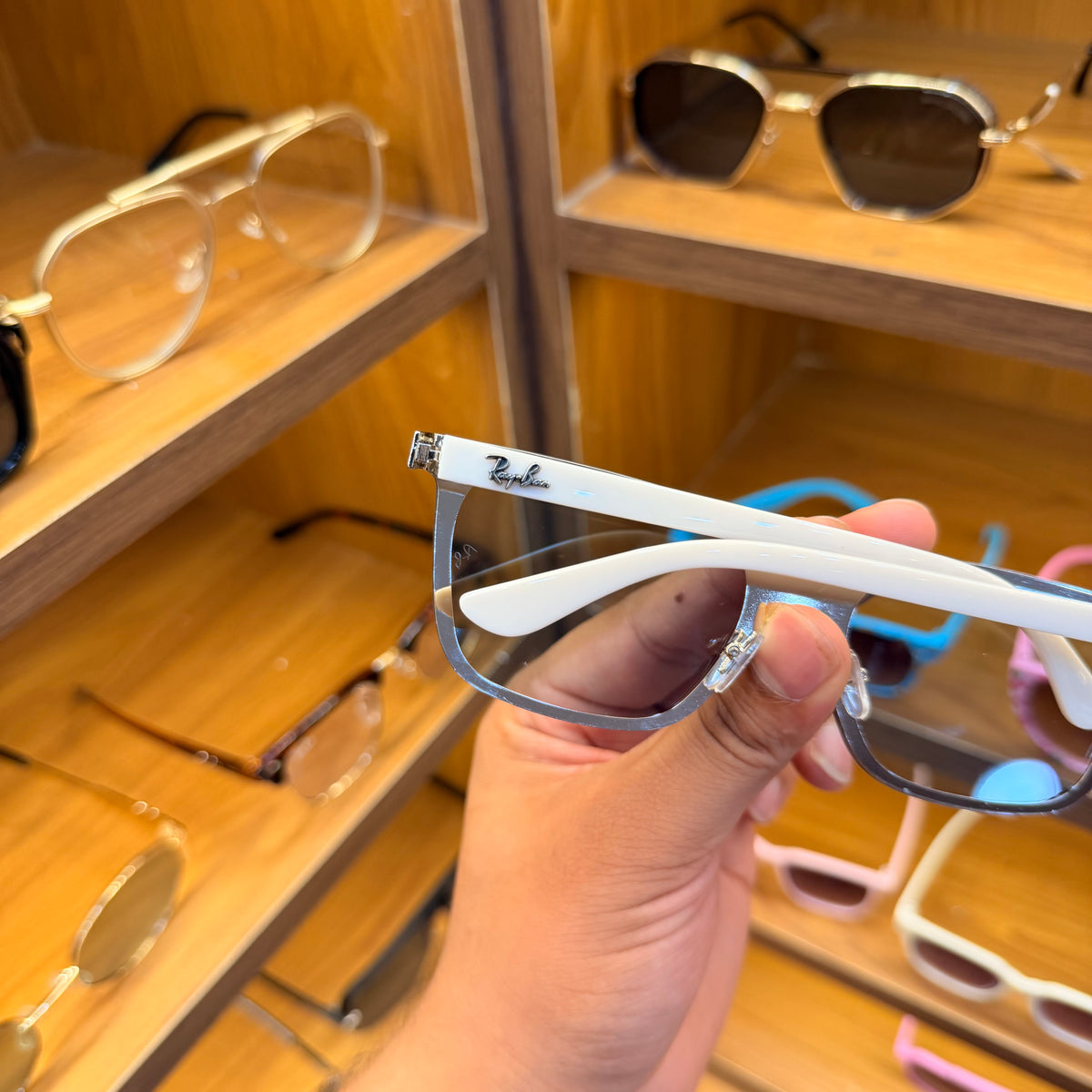 Rayban Slim Light Weight White Blue Transparent Lens Rectangle Premium Sunglasses