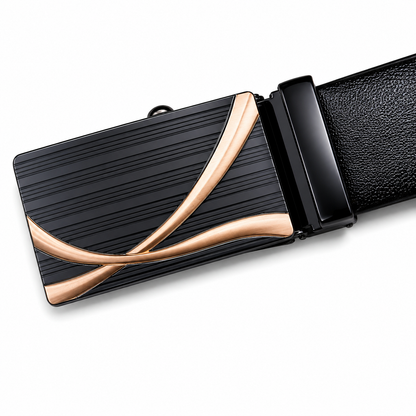 EW Black & Rose-Gold Auto Buckle Belt Leather Belt