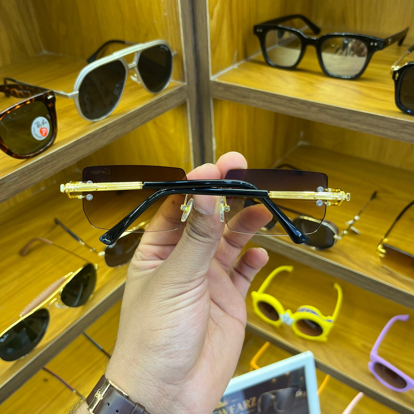 Cartier Gold-Brown Frameless Unisex Trending Premium Fashion Sunglass