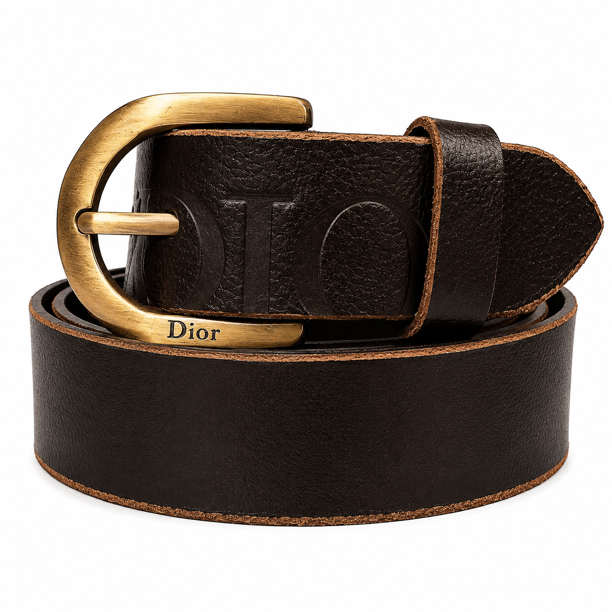 DIOR Brown Leather Belt with Gold Buckle