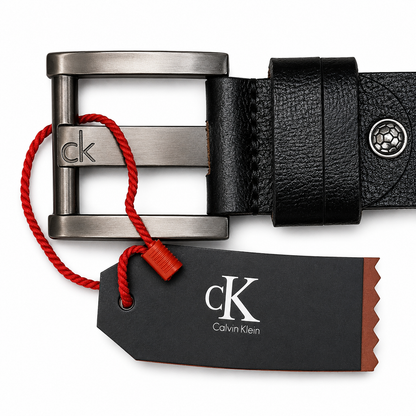 Calvin Klein Classic Textured Black Leather Rectangular Buckle Belt