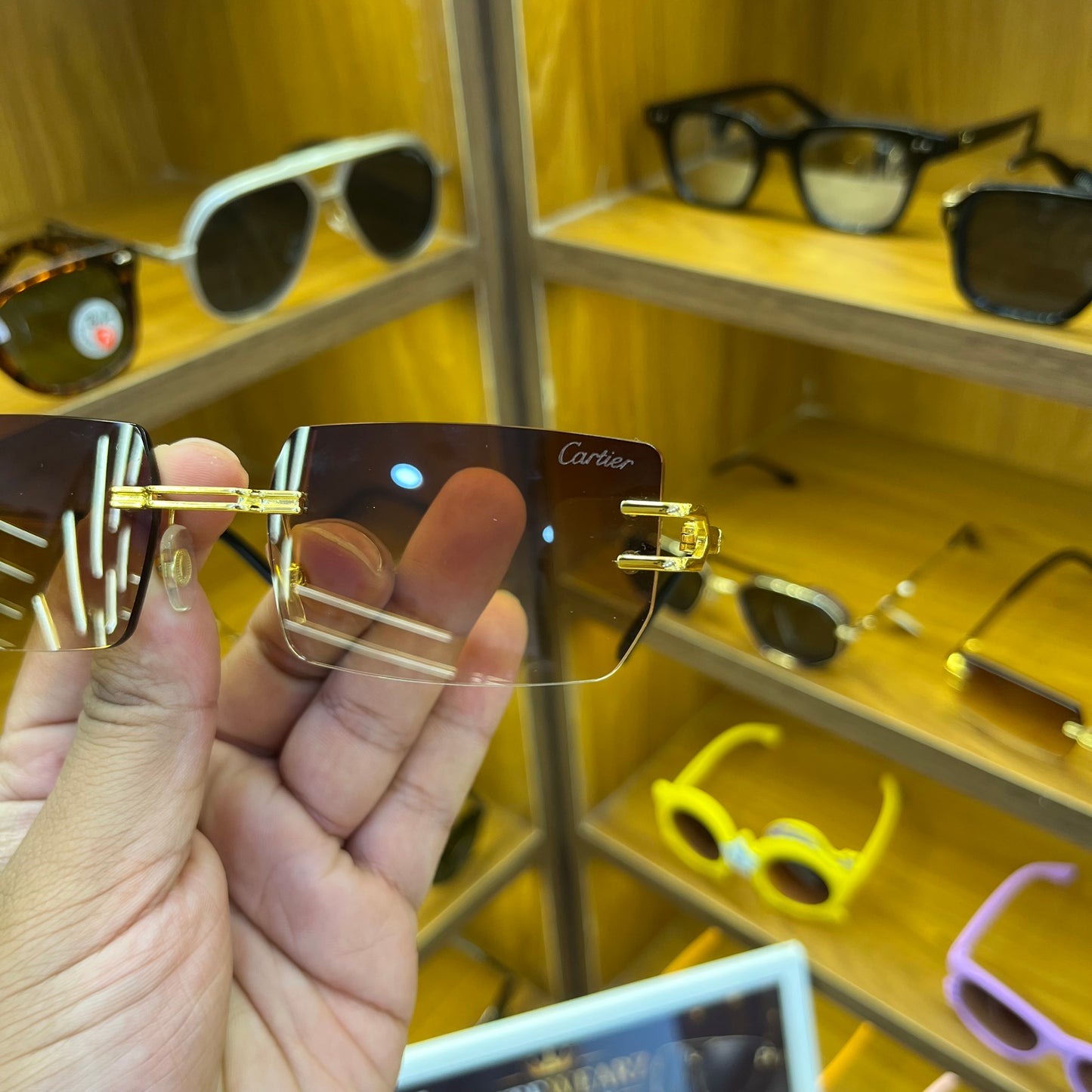 Cartier Gold-Brown Frameless Unisex Trending Premium Fashion Sunglass