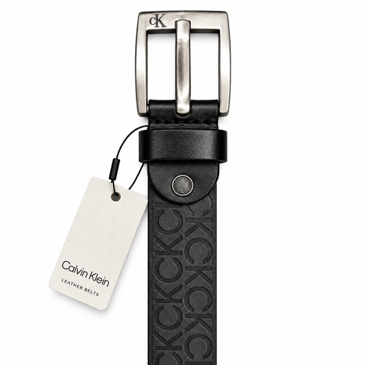 CK Premium Embossed Monogram Leather Belt – Classic Black