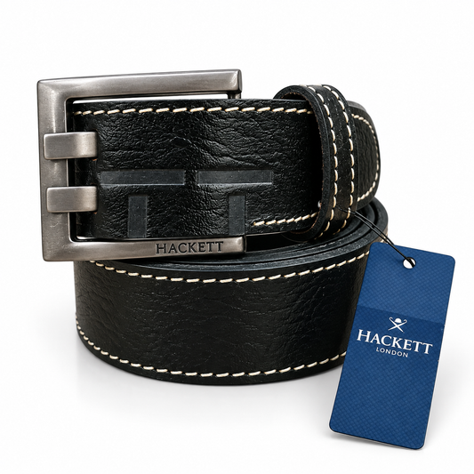 Hackett Black Leather Belt – Contrast Stitching & Signature Buckle