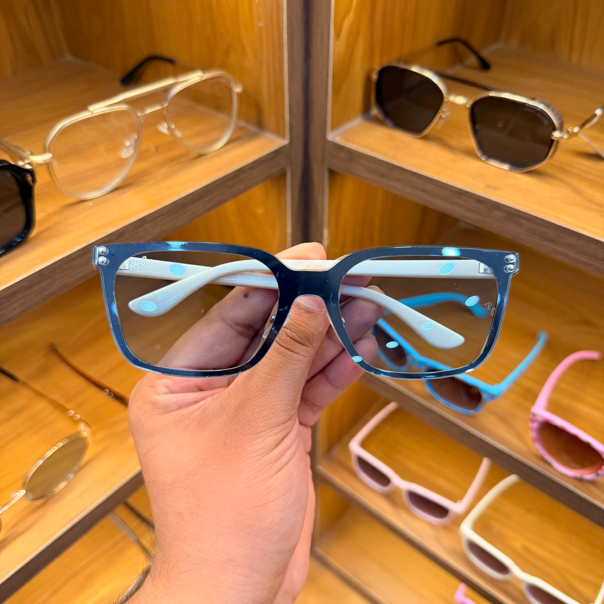 Rayban Slim Light Weight White Blue Transparent Lens Rectangle Premium Sunglasses