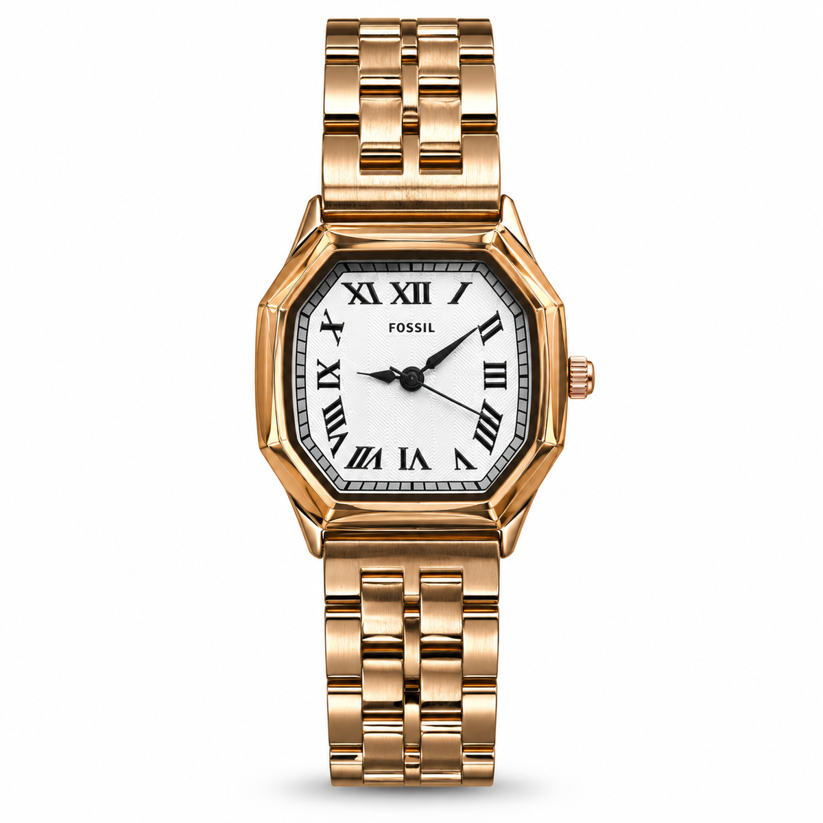 Fossil Harlow Analog Watch – White Roman Numeral Dial, Gold-Tone Octagonal Case & Stainless Steel Bracelet