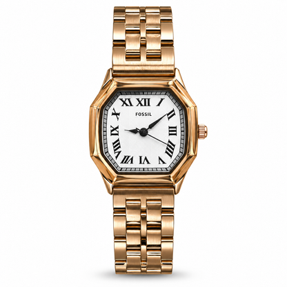 Fossil Harlow Analog Watch – White Roman Numeral Dial, Gold-Tone Octagonal Case & Stainless Steel Bracelet