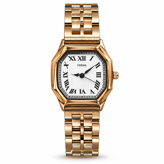 Fossil Harlow Analog Watch – White Roman Numeral Dial, Gold-Tone Octagonal Case & Stainless Steel Bracelet
