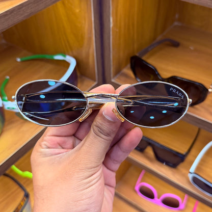 Prada Oval Shaded Black lens Golden Metal Frame Premium Fashion Sunglass