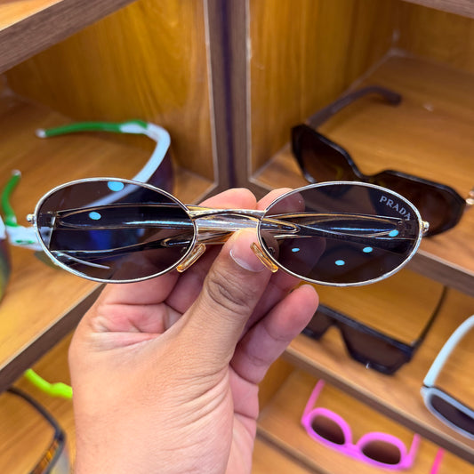 Prada Oval Shaded Black lens Golden Metal Frame Premium Fashion Sunglass
