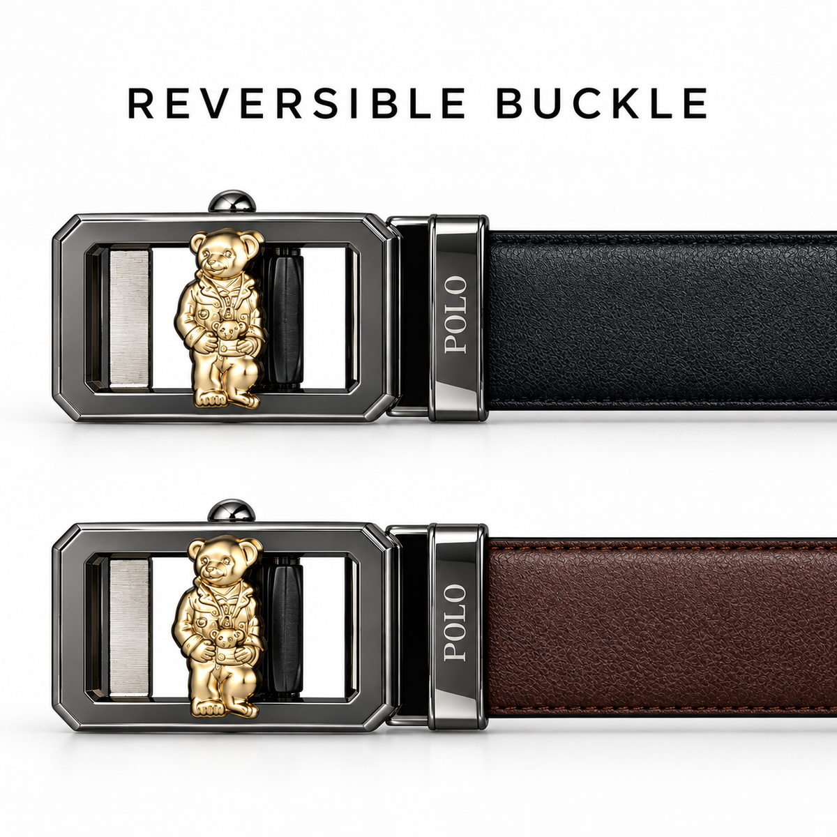 Polo Teddy Bear Reversible Belt – Black & Brown | Dual-Tone Automatic Buckle